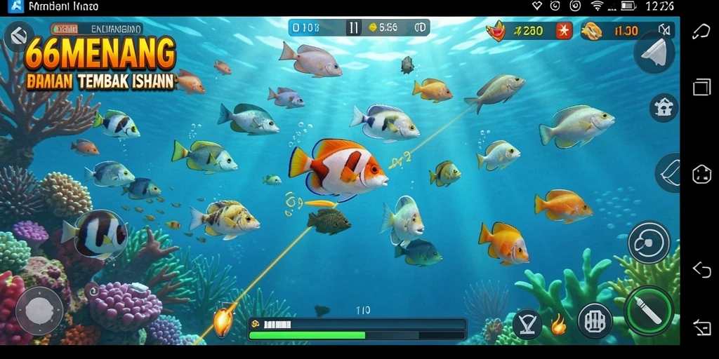 Gameplay mengasyikkan dalam 66MENANG saat menembak ikan.