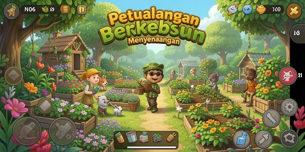 Screenshot utama N06 menampilkan aktivitas berkebun yang menarik.