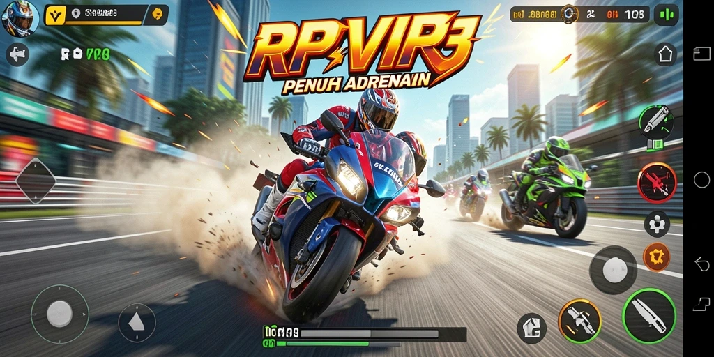Screenshot gameplay RPVIP3 dengan balapan motor yang mendebarkan.