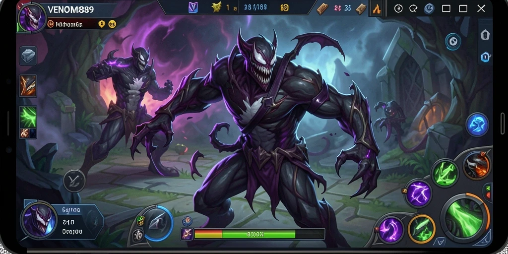 Screenshot gameplay VENOM889 menampilkan pertarungan epik antar pemain MOBA.